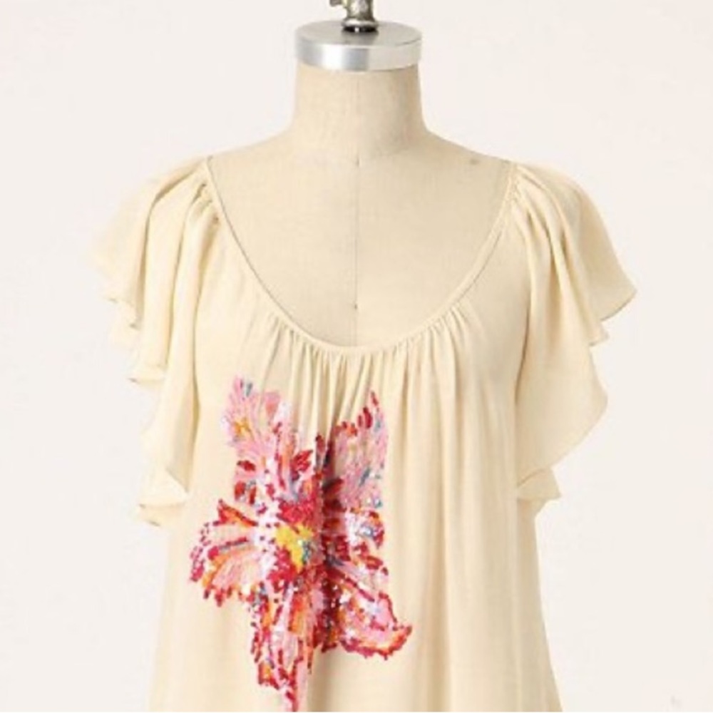 Anthropologie Lil Silk Ivory Flutter Sleeve Floral Sequin Top - 10 - Picture 2 of 12